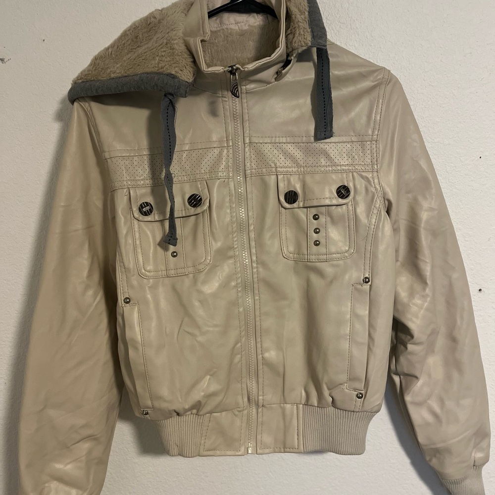 Women's Cream Bomber Jacket with Faux Fur Hood A246